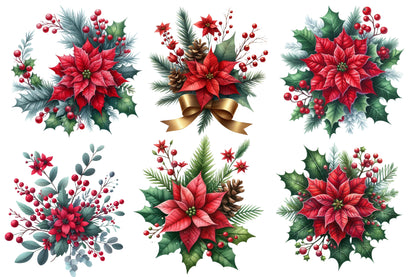 Christmas Flowers Clipart PNG Bundle | Watercolor Festive Christmas Flower Clipart | Holiday Floral Sublimation PNG