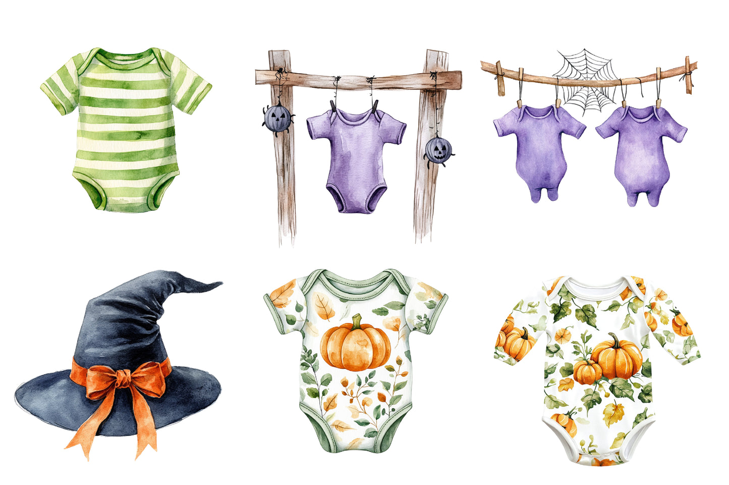 Halloween Baby Clothes Clipart PNG Bundle | Baby Bodysuit PNG, Halloween Onesie Clipart,