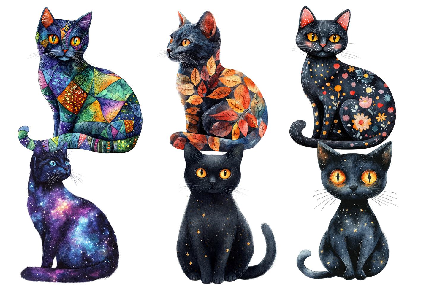 Whimsy Halloween Cat Clipart PNG Bundle | Cute Black Cat, Witch Cat, Pumpkin & Ghost Clipart | Spooky Sublimation