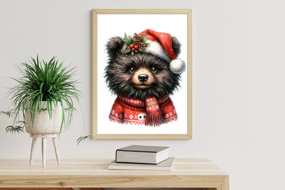 Christmas Bear PNG Clipart Bundle | Watercolor Cute Bear with Santa Hat & Christmas Scarf, Holiday Bear Designs