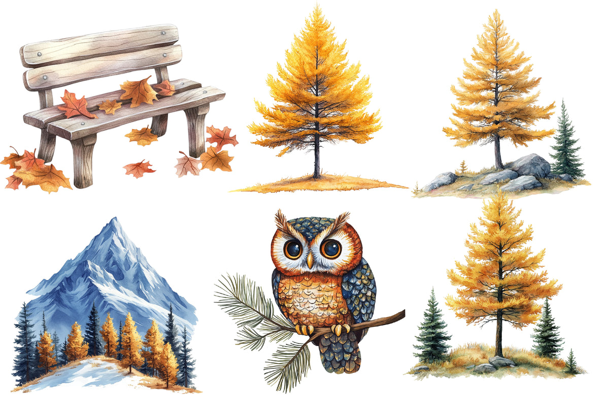 Watercolor Alpine Autumn Clipart PNG Bundle | Mountain Fall Landscape, Cozy Cabin, Pine Trees, Deer & Autumn Forest PNG