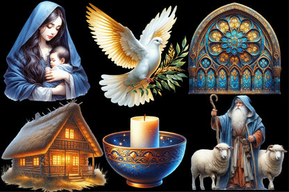 Watercolor Christmas Religious Clipart PNG Bundle | Christian Nativity & Biblical Christmas Designs