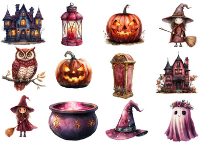 Burgundy Halloween Watercolor Clipart PNG Bundle | Gothic Halloween PNG | Dark Witch Clipart | Halloween Sublimation