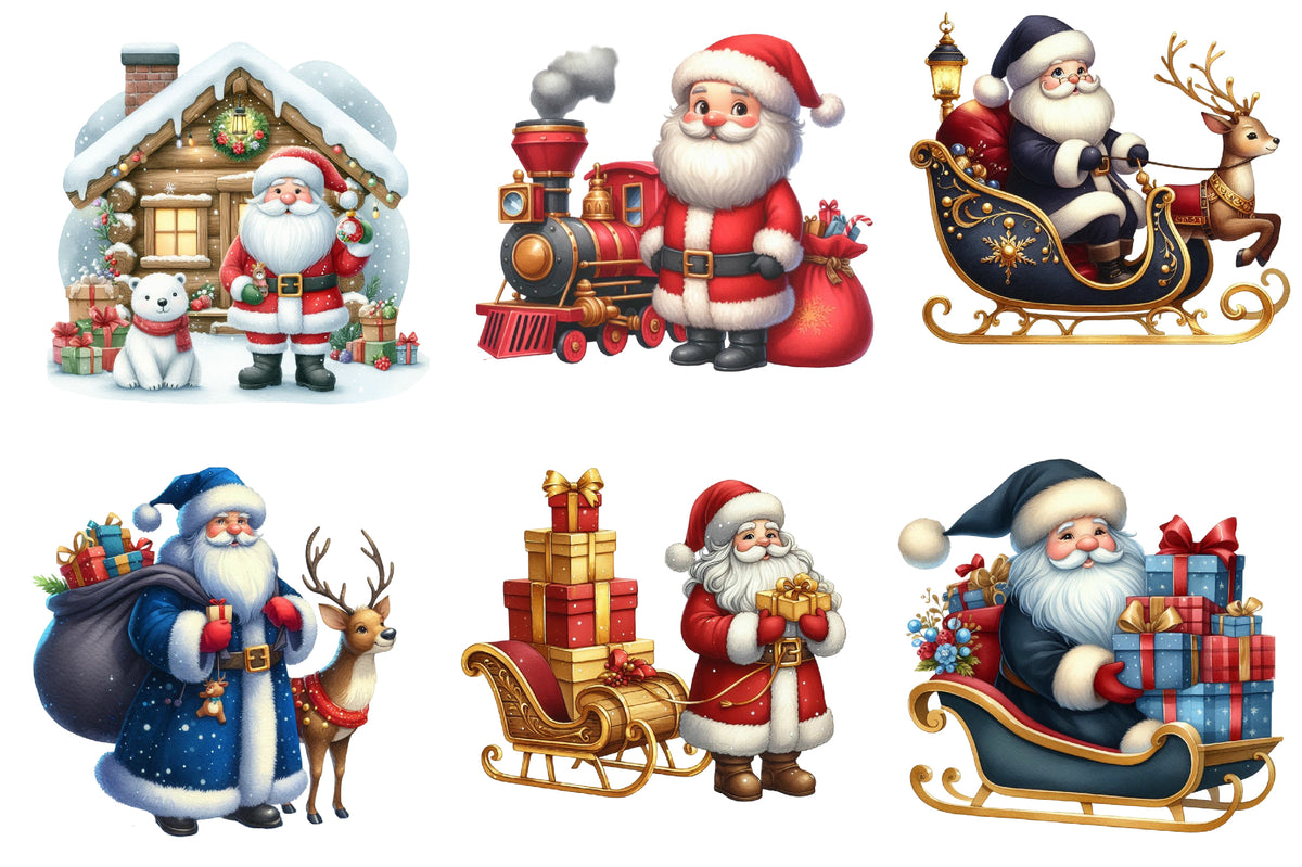 Christmas Santa Claus Clipart PNG Bundle | Watercolor Santa, Reindeer, Sleigh, Gifts, Christmas Train & Holiday Clipart