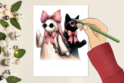 Cute Halloween Ghost Cat PNG Pink Bow Spooky Girl Clipart