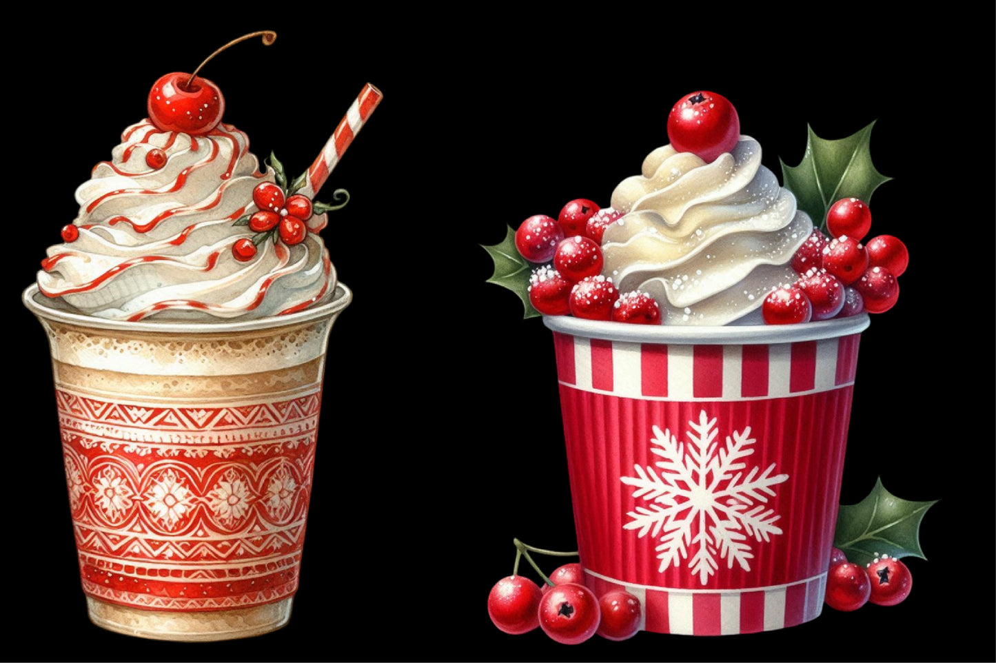 Watercolor Christmas Coffee Clipart PNG Bundle | Holiday Hot Cocoa, Coffee Cups, Gingerbread & Festive Drinks