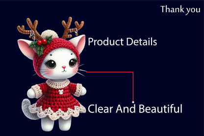 Christmas Cat Sublimation PNG Clipart Bundle | Watercolor Crochet Christmas Cats with Reindeer Antlers, Knitted Dresses & Holiday Hats