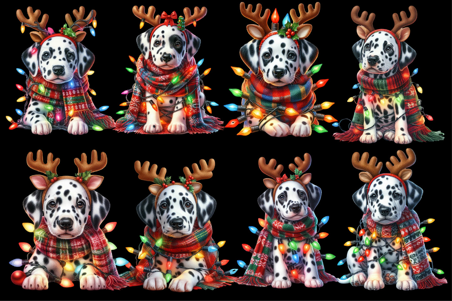 Christmas Dalmatian Puppy PNG Clipart Bundle | Watercolor Dalmatian Dogs, Reindeer Puppies, Christmas Lights & Scarves