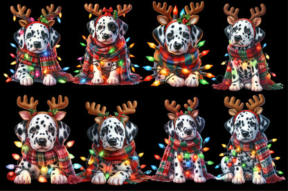 Christmas Dalmatian Puppy PNG Clipart Bundle | Watercolor Dalmatian Dogs, Reindeer Puppies, Christmas Lights & Scarves