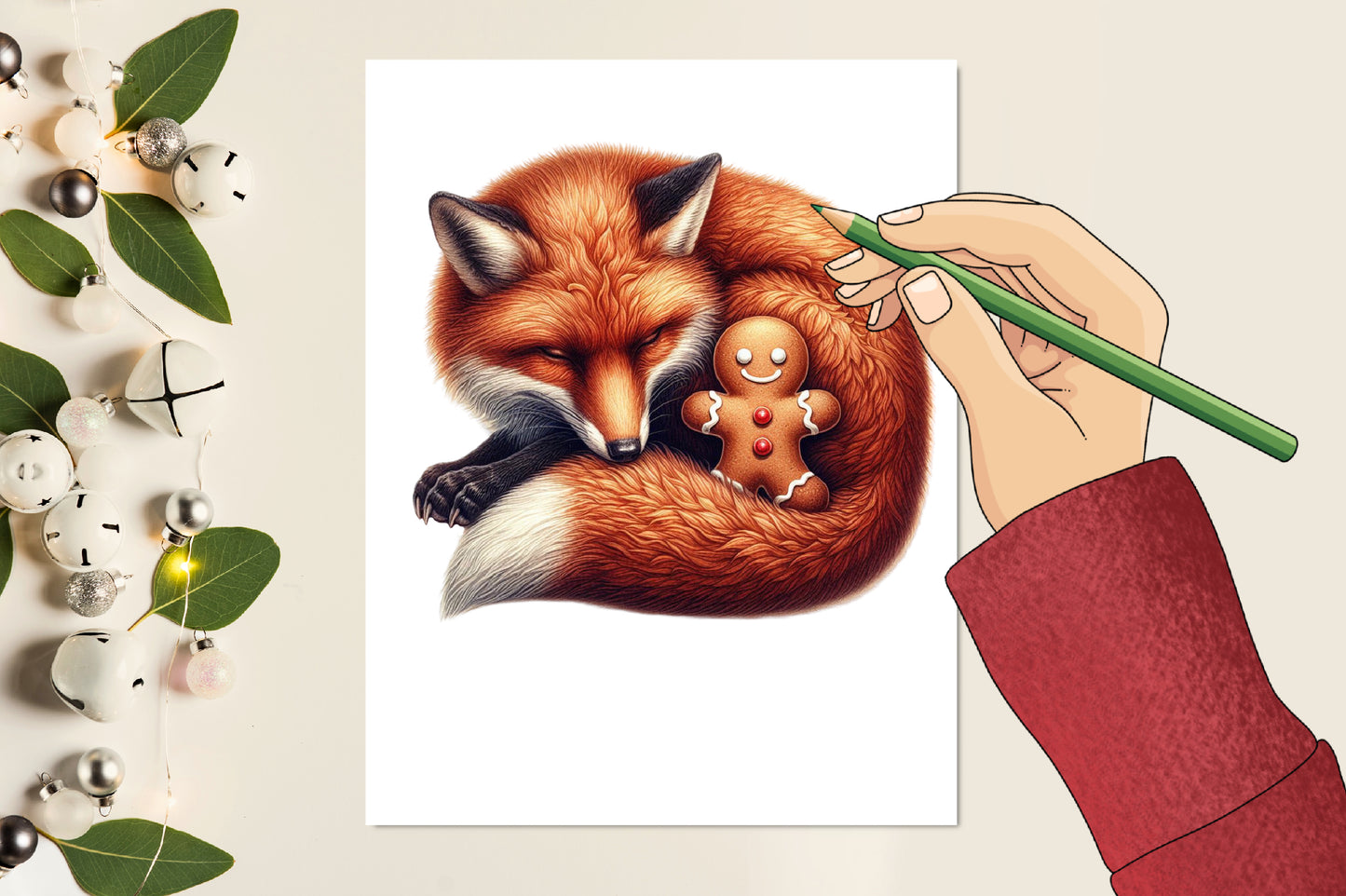 Christmas Fox with Gingerbread Cookie PNG Watercolor Clipart