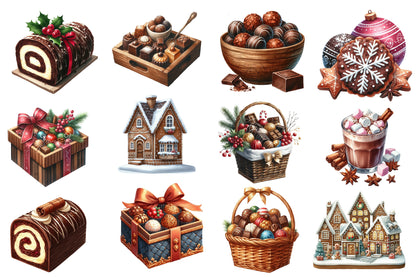 Chocolate Christmas Watercolor Clipart PNG Bundle | Christmas Chocolate Clipart | Holiday Sublimation