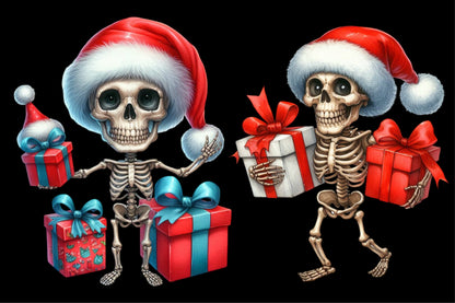 Funny Christmas Skeleton PNG Bundle Watercolor Santa Skeleton Clipart