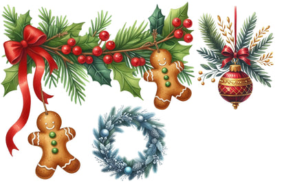 Christmas Garlands Sublimation Clipart PNG Bundle | Watercolor Festive Holiday Garland Clipart | Christmas Greenery PNG