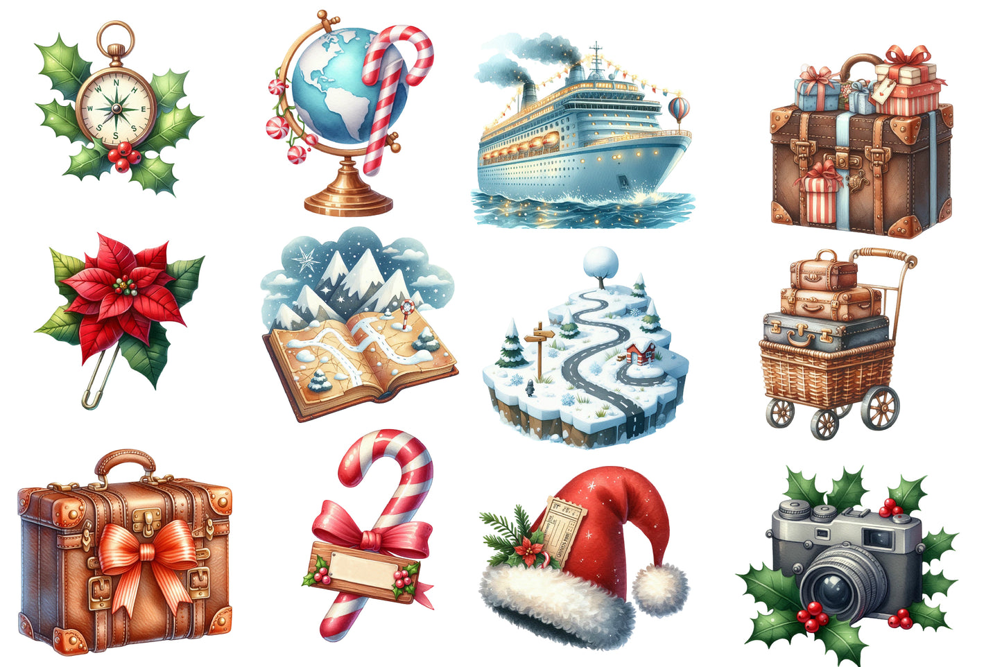 Christmas Travel Clipart PNG Bundle | Watercolor Christmas Travel Clipart | Festive Holiday Vacation Sublimation PNG