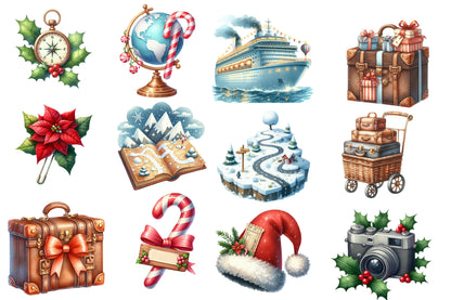Christmas Travel Clipart PNG Bundle | Watercolor Christmas Travel Clipart | Festive Holiday Vacation Sublimation PNG