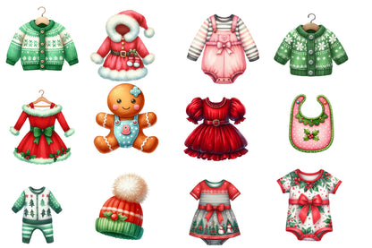 Christmas Baby Clothes Clipart PNG Bundle | Watercolor Cute Baby Outfit Clipart | Holiday Baby Clothing PNG