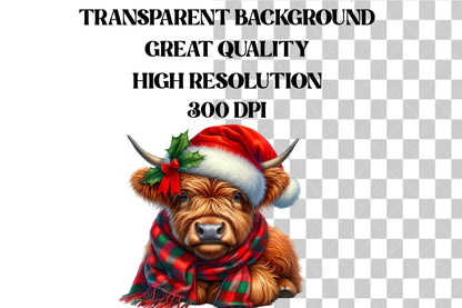 Watercolor Christmas Highland Cow Clipart PNG Bundle | Festive Highland Cattle Holiday Designs