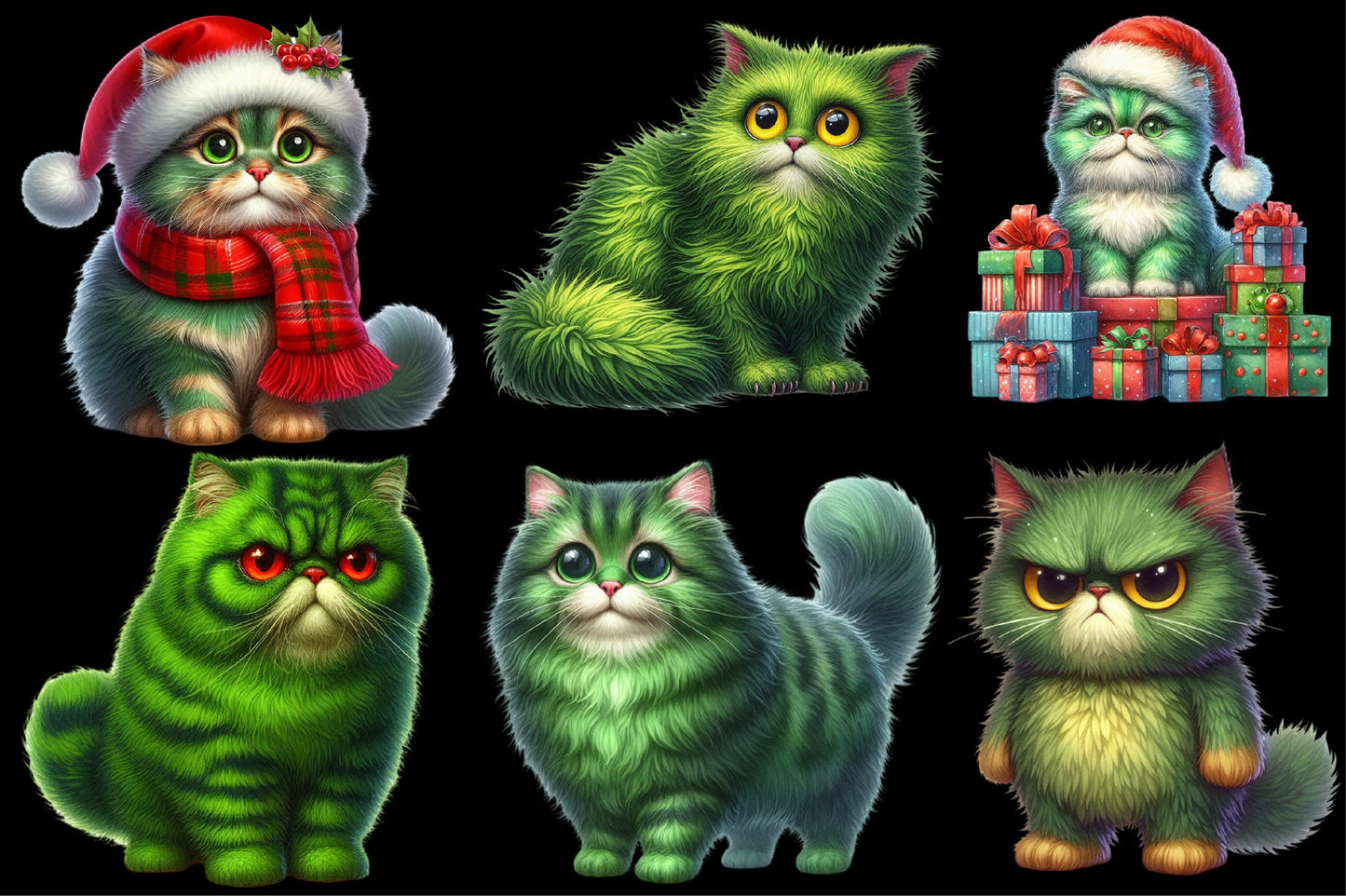 Cute Green Christmas Cat Clipart PNG Bundle | Festive Green Cat, Santa Cat & Holiday Kitty Designs
