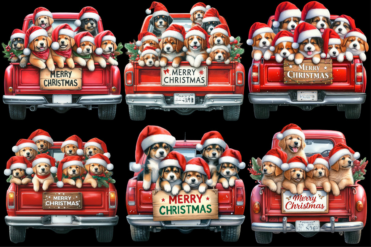 18 Christmas Dogs in Red Truck PNG Clipart Bundle Watercolor Cute Holiday