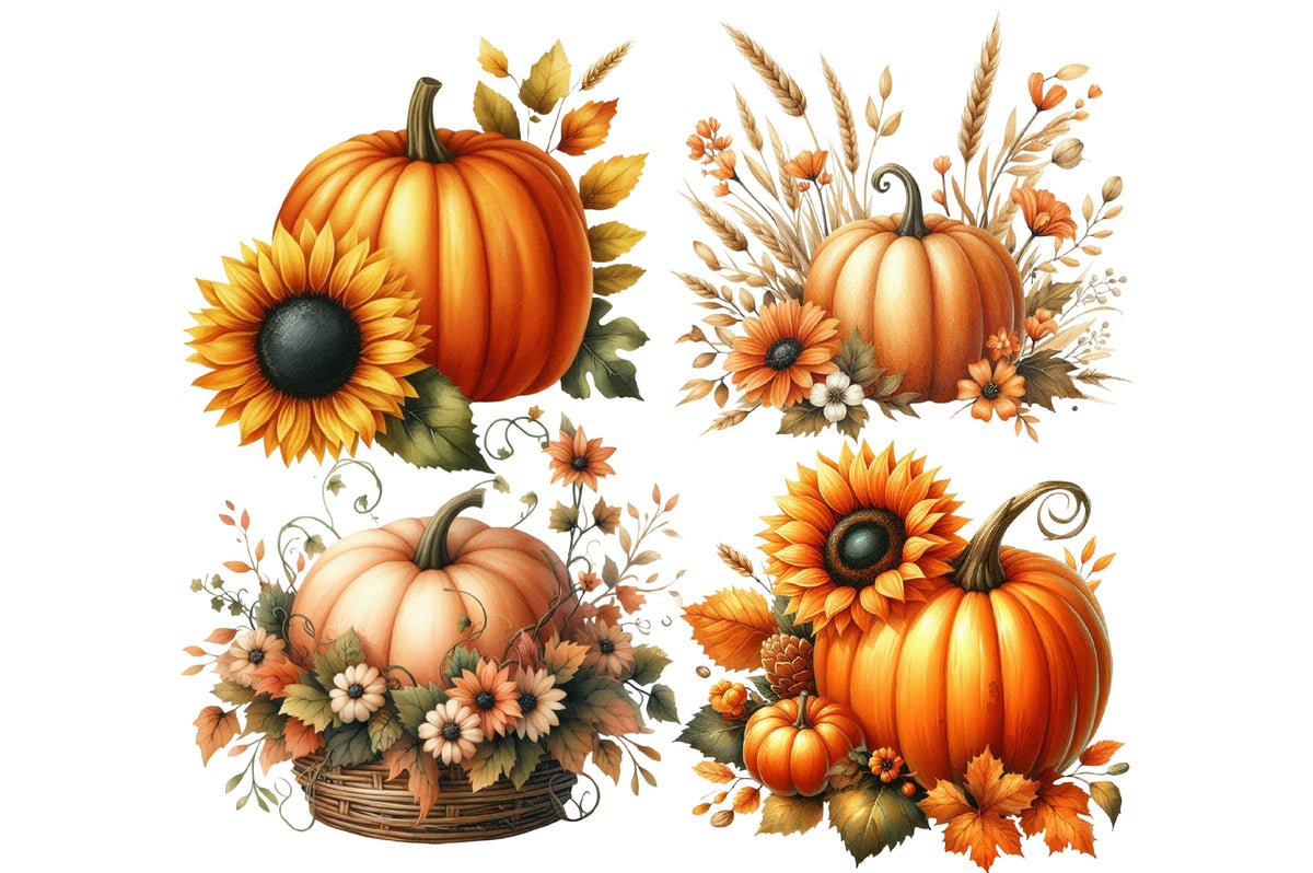 Fall Pumpkin Flowers PNG Bundle | Floral Pumpkin Clipart, Sunflower Pumpkin PNG,