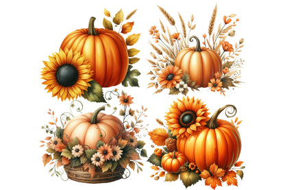 Fall Pumpkin Flowers PNG Bundle | Floral Pumpkin Clipart, Sunflower Pumpkin PNG,