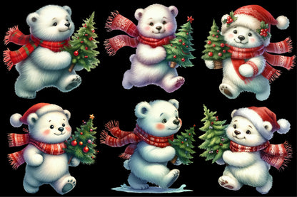 Watercolor Christmas Polar Bear Clipart PNG Bundle | Cute Polar Bear Christmas Tree