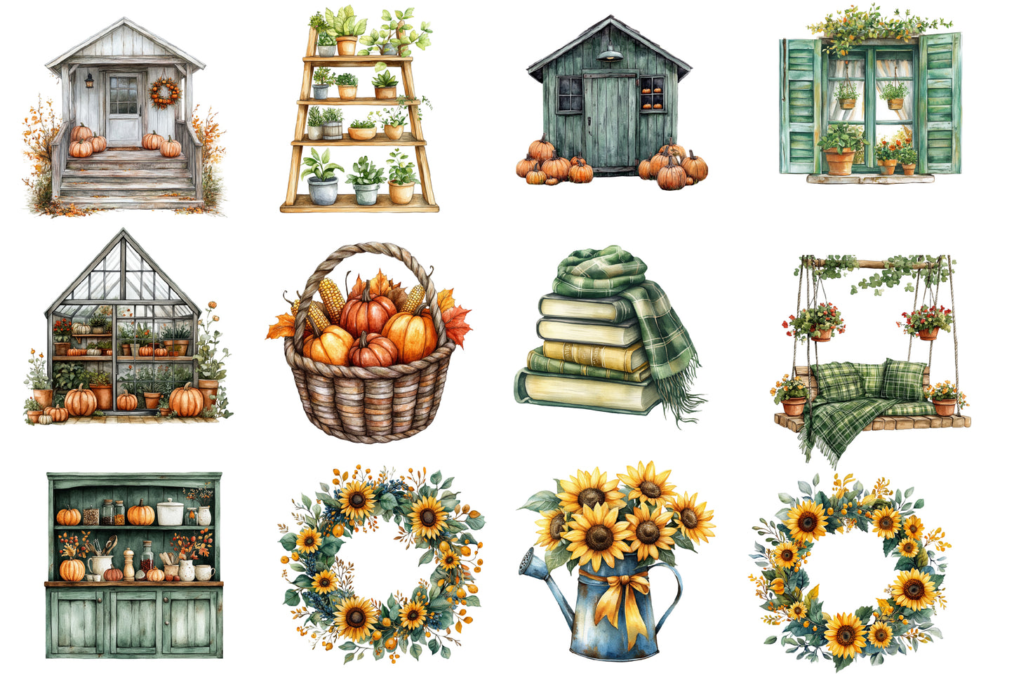 Green Autumn Clipart PNG Bundle | Cozy Fall Cottage Clipart, Autumn Garden PNG