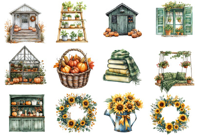 Green Autumn Clipart PNG Bundle | Cozy Fall Cottage Clipart, Autumn Garden PNG