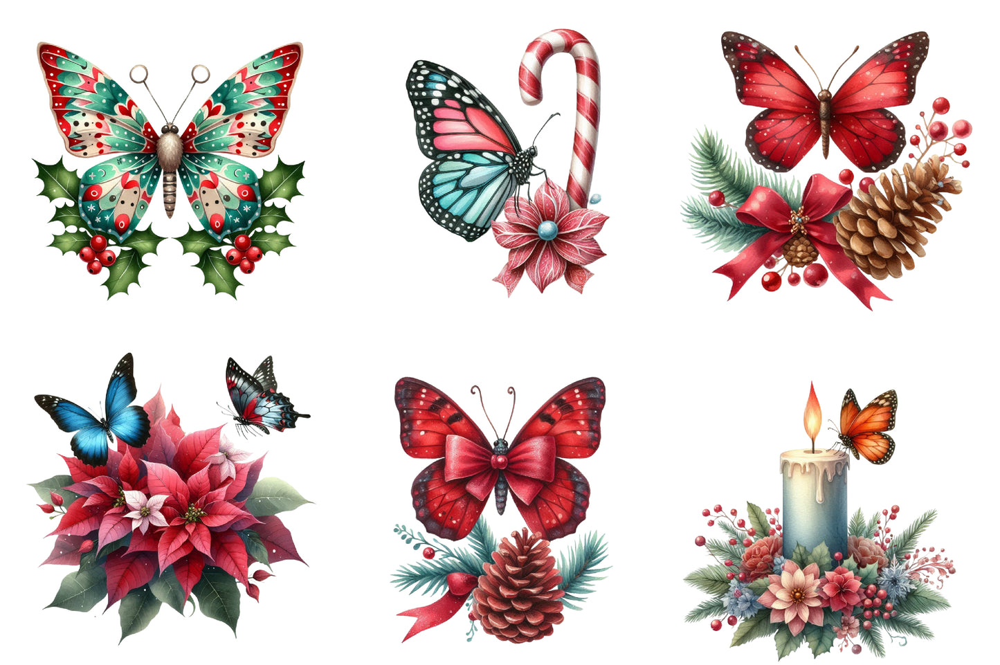 Christmas Butterfly Clipart PNG Bundle | Watercolor Festive Butterfly Clipart | Holiday Butterfly Sublimation PNG