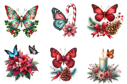 Christmas Butterfly Clipart PNG Bundle | Watercolor Festive Butterfly Clipart | Holiday Butterfly Sublimation PNG