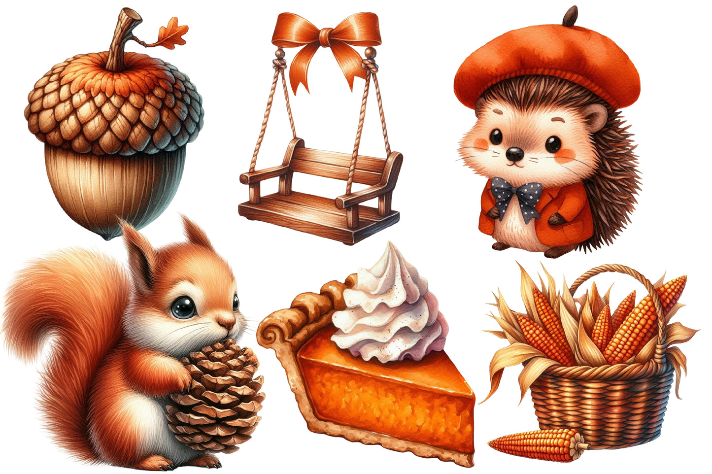 Burnt Orange Autumn Watercolor Clipart PNG Bundle | Fall Clipart, Cute Autumn PNG