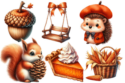 Burnt Orange Autumn Watercolor Clipart PNG Bundle | Fall Clipart, Cute Autumn PNG