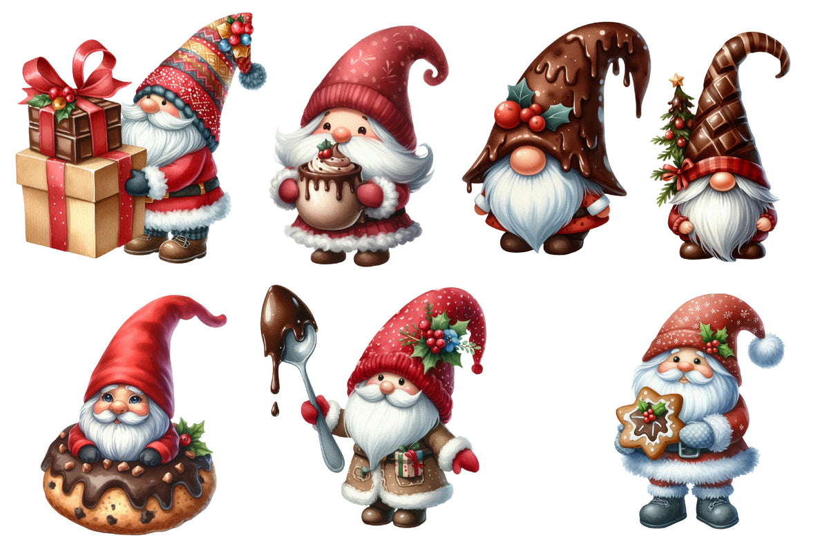 Christmas Gnome Clipart PNG Bundle | Cute Santa Gnomes, Gingerbread, Chocolate, Candy Cane & Christmas Gift Clipart