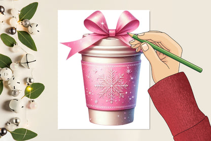 17 Christmas Coffee Cup PNG Clipart Bundle Watercolor Pink Bow Winter Mug