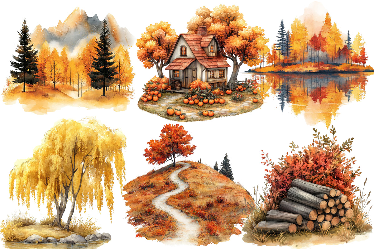 Fall Scenery Watercolor Clipart PNG Bundle | Autumn Landscape Nature Clipart | Fall Sublimation
