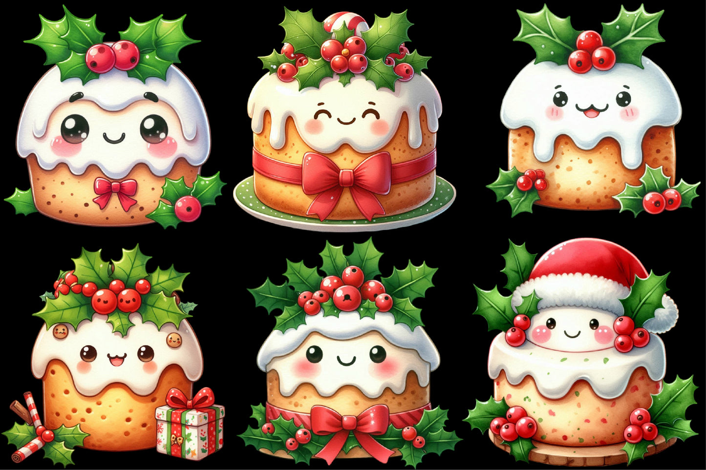 Kawaii Christmas Cake Clipart PNG Bundle | Cute Christmas Pudding, Holiday Cake & Kawaii Dessert Designs