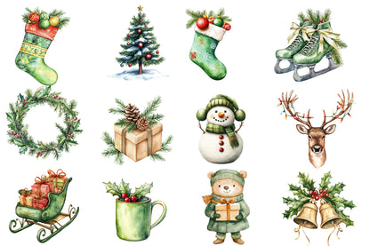 Green Christmas Watercolor Clipart PNG Bundle | Green Christmas Winter Clipart | Holiday Sublimation PNG