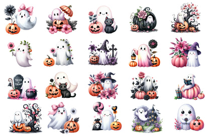 Halloween Ghost Clipart PNG | Cute Ghost Floral PNG, Pink Halloween Ghosts, Witch Ghost Clipart,