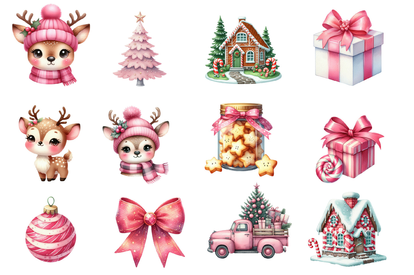 Pink Christmas Watercolor Clipart PNG Bundle | Cute Pink Christmas Clipart | Pastel Christmas Sublimation PNG