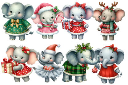 Christmas Elephant Clipart PNG Bundle | Watercolor Christmas Elephants, Santa Hats, Gifts, Snowman & Holiday Clipart