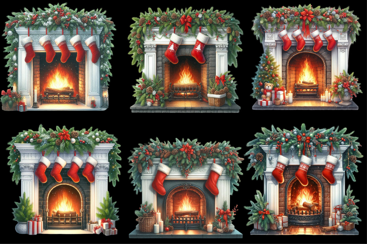 Watercolor Christmas Cozy Fireplace Clipart PNG Bundle | Festive Fireplace Mantel & Christmas Stockings | Holiday Sublimation