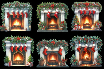 Watercolor Christmas Cozy Fireplace Clipart PNG Bundle | Festive Fireplace Mantel & Christmas Stockings | Holiday Sublimation