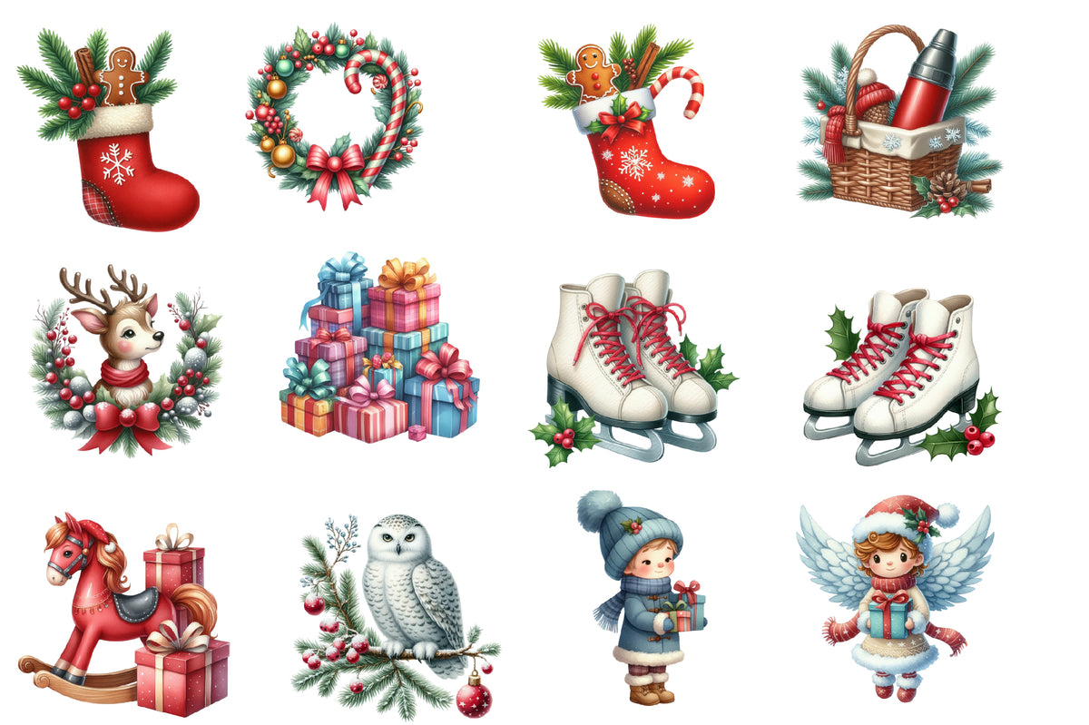 Christmas Red and Green Clipart PNG Bundle | Watercolor Red Green Christmas Clipart | Festive Holiday Sublimation PNG