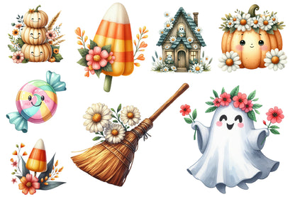 Groovy Halloween Clipart PNG Bundle | Cute Retro Halloween Clipart, Floral Ghost & Pumpkin PNG