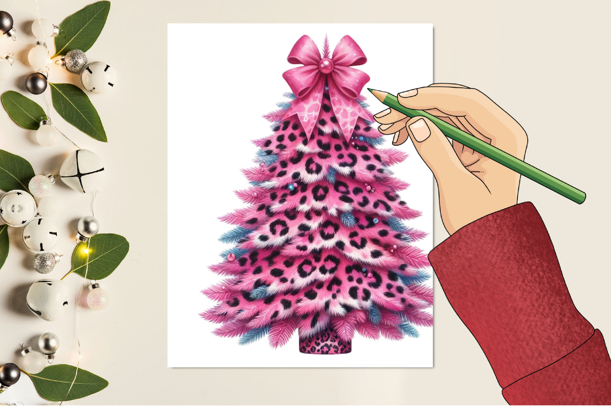 Pink Leopard Christmas Tree PNG Bundle – Watercolor Holiday Trees