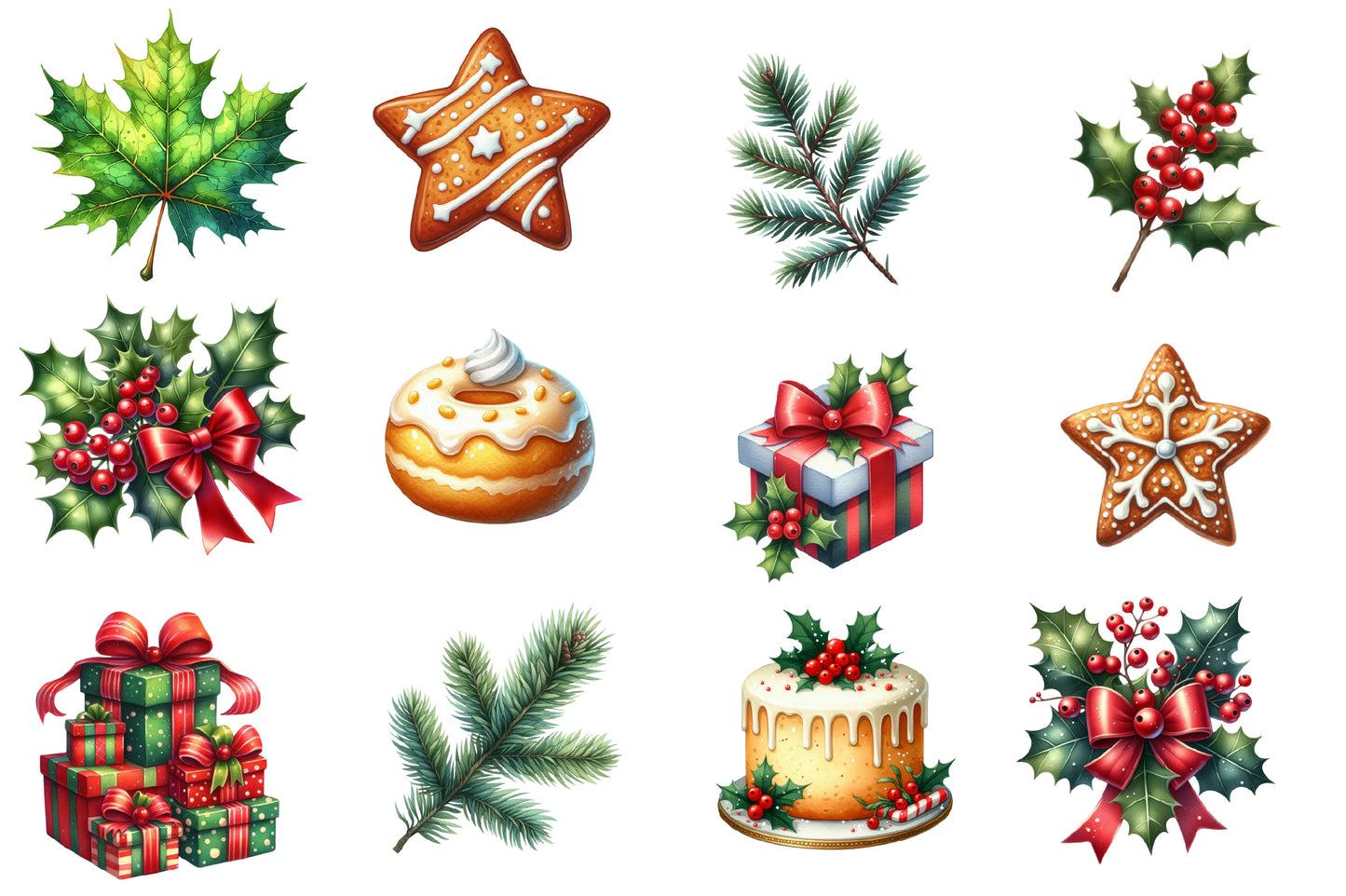 Christmas Elements Clipart PNG Bundle | Watercolor Holiday Christmas Elements | Festive Sublimation PNG