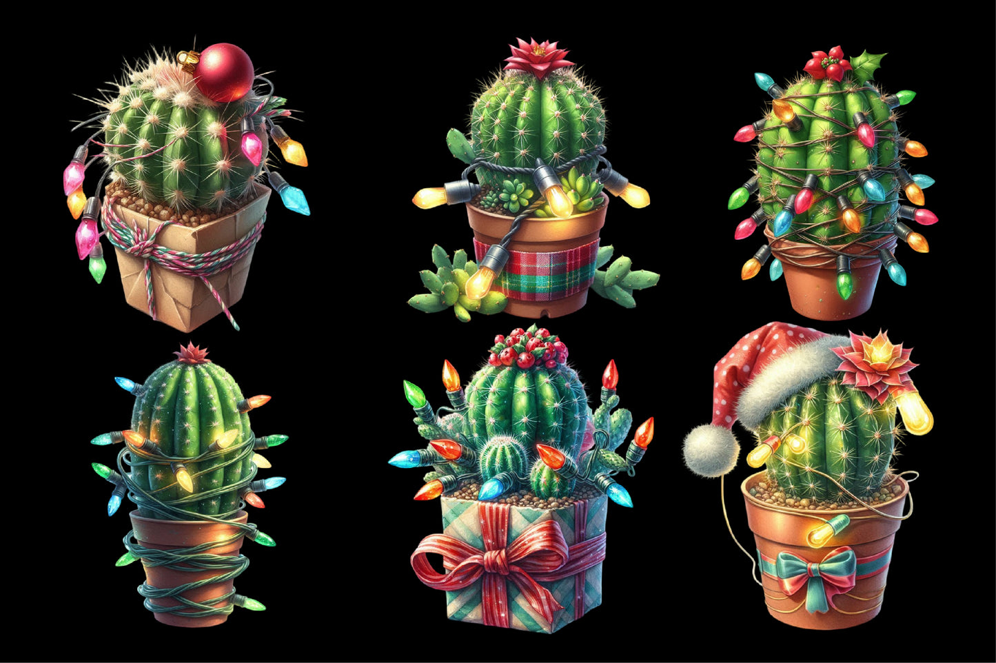Watercolor Christmas Cactus PNG Bundle 17 Festive Cactus Clipart