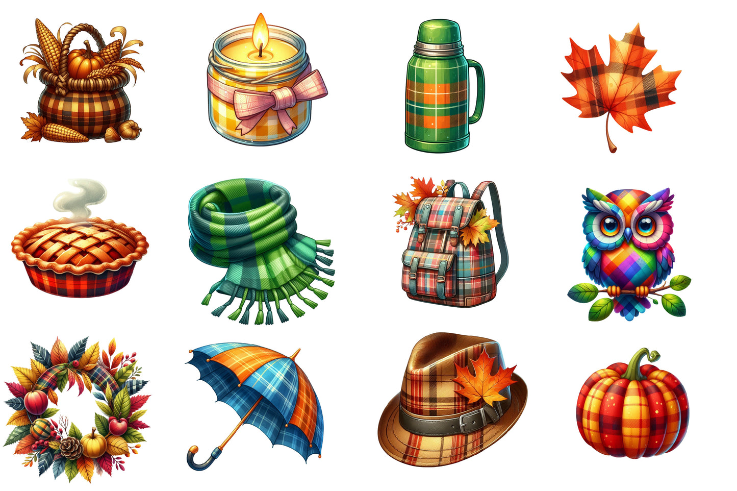 Watercolor Plaid Autumn Clipart PNG Bundle | Fall Plaid Pumpkin, Buffalo Check, Cozy Autumn & Farmhouse Clipart