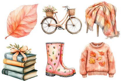 Autumn Clipart PNG Bundle | Cozy Fall Sweater, Scarf, Pumpkin,