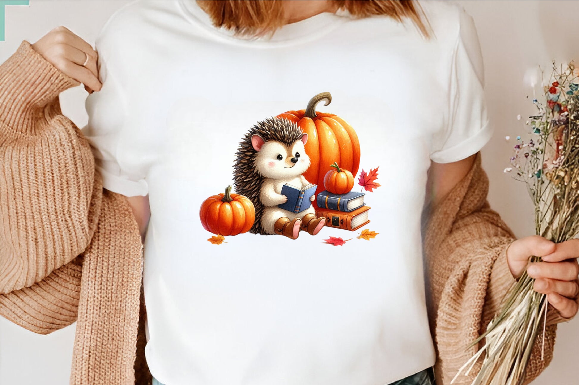 25 Watercolor Autumn Hedgehog PNG Cute Fall Hedgehog Reading Pumpkin Clipart
